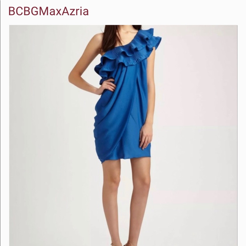 BCBG Royal Blue faux wrap one shoulder dress
